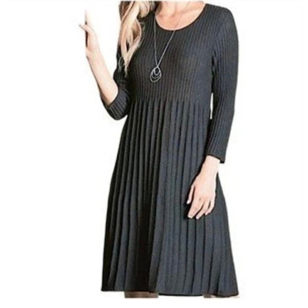 Eileen Fisher 100% Wool Lightweight Gray 3/4 Sleeve Pleated Sweater Dress Size L